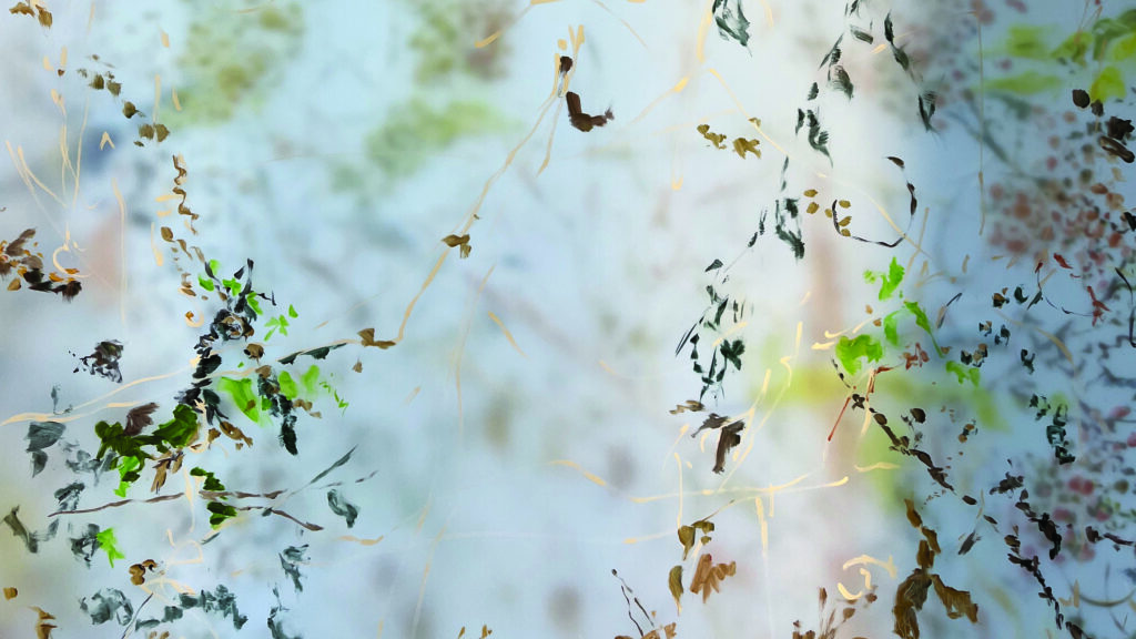 Large, translucent, layered painting with a fragmented network of sketchy, plant-like brushstrokes.
