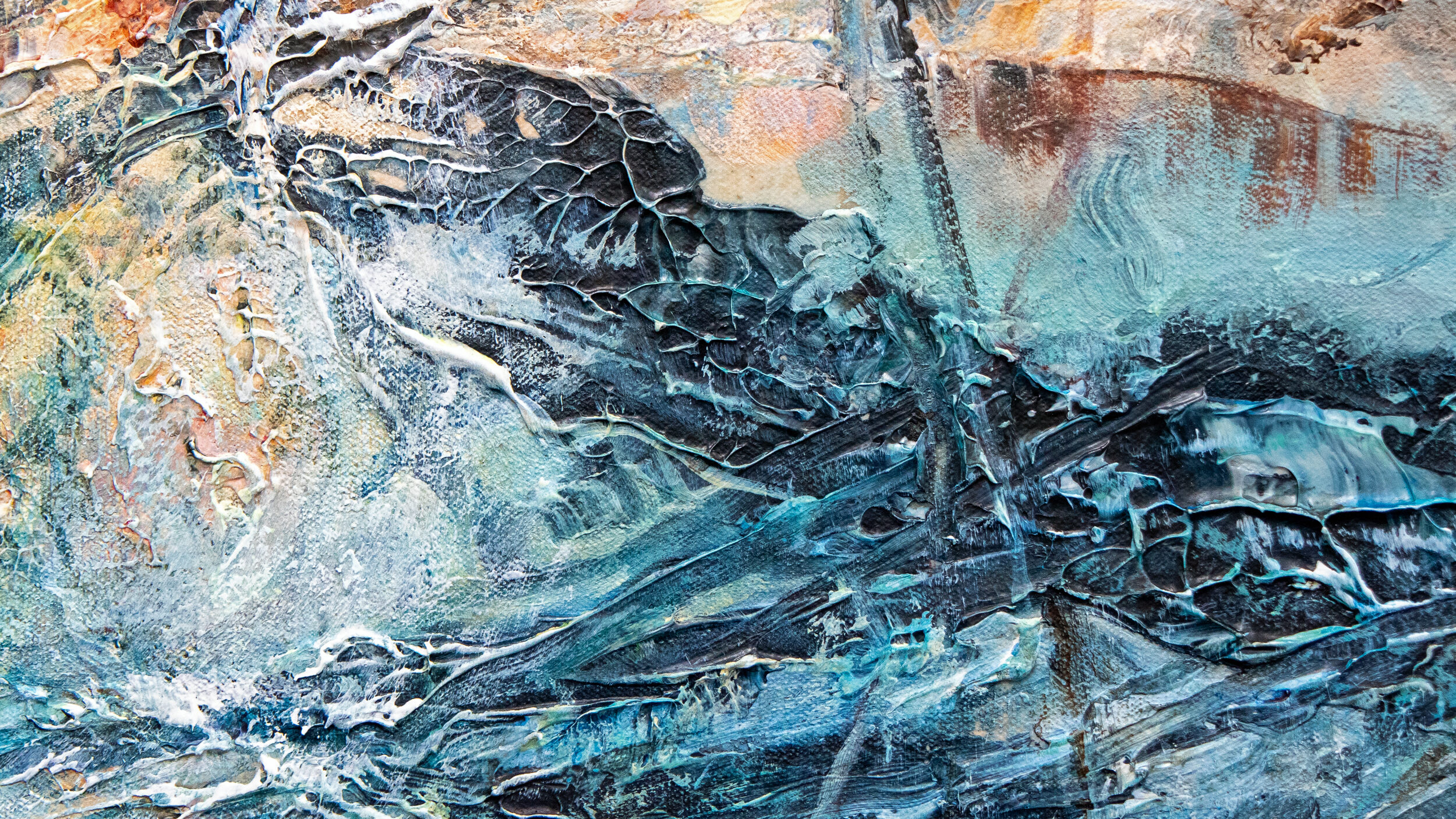 a section of a highly textured painting which resembles thrashing foaming waves